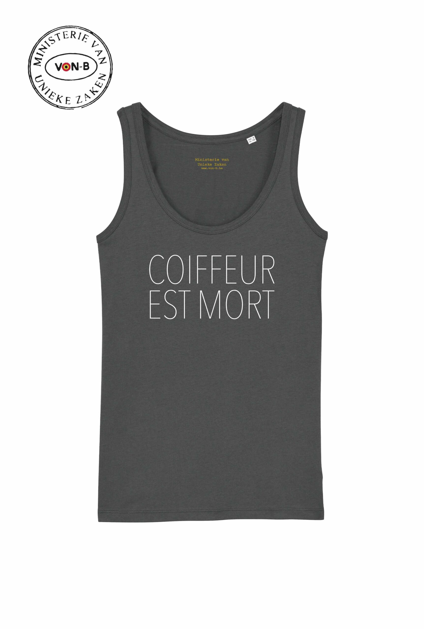 Tanktop vrouw - Antraciet - Coiffeur est mort